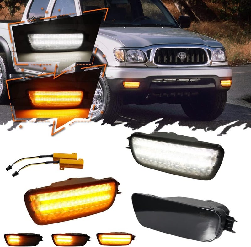 TurningMax For 2001 2002 2003 2004 Toyota Tacoma Front Bumper Turn Signal Lights 81510-04080 TO2531140 Smoked Lens 2 in 1 Amber/White Lights - Image 1